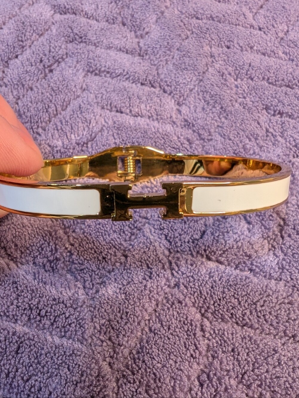 White and Gold H Hinged Enamel Bangle Bracelet